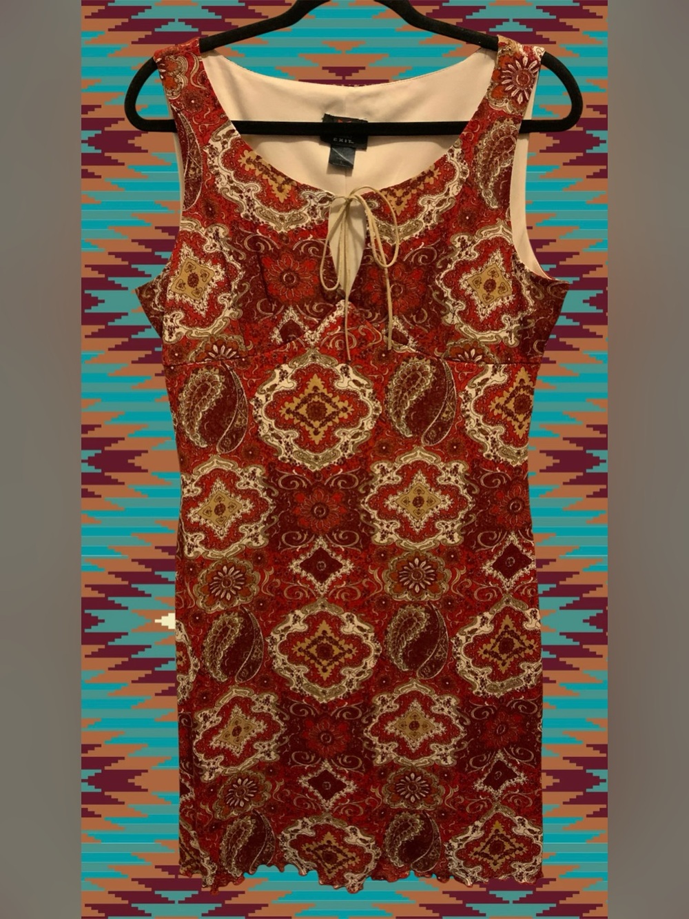 VTG 90s/Y2K EMERGENCY EXIT Red & Cream Paisley Mesh Sleeveless Midi Dress Size L